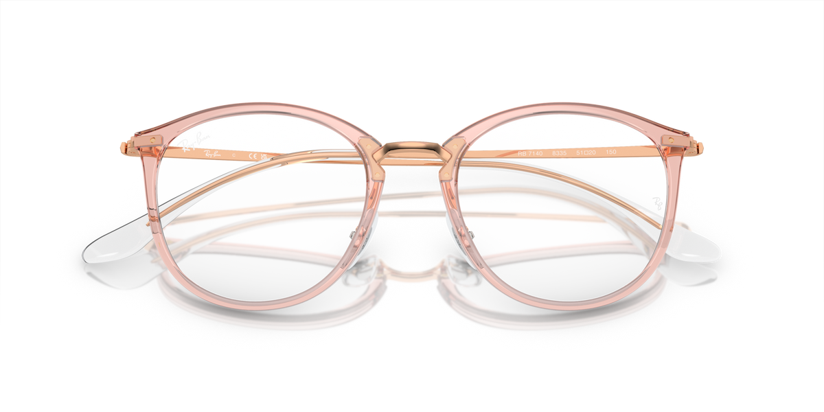 Ray-Ban RX7140 prescription frames, transparent pink round frames with exposed bridge details