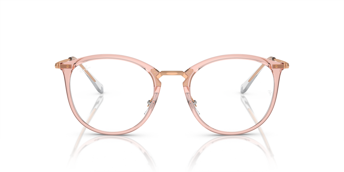 Ray-Ban RX7140 prescription frames, transparent pink round eyeglass frames, front view