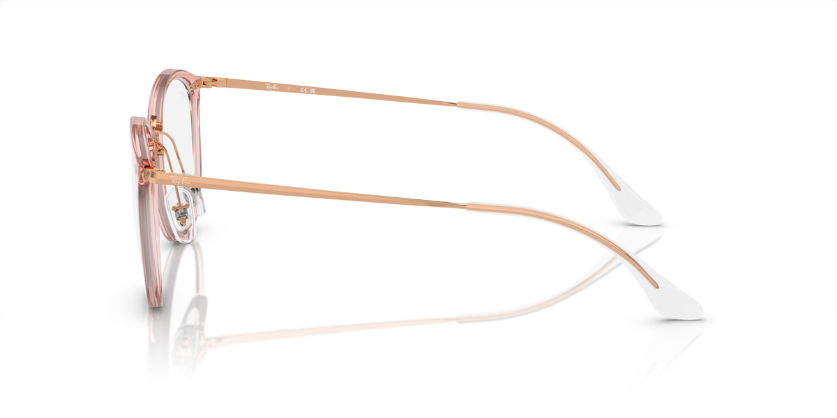 Ray-Ban RX7140 prescription frames, transparent pink round frames, side profile and temples