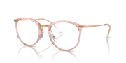 Ray-Ban RX7140 prescription frames, transparent pink with round lenses and thin gold rims