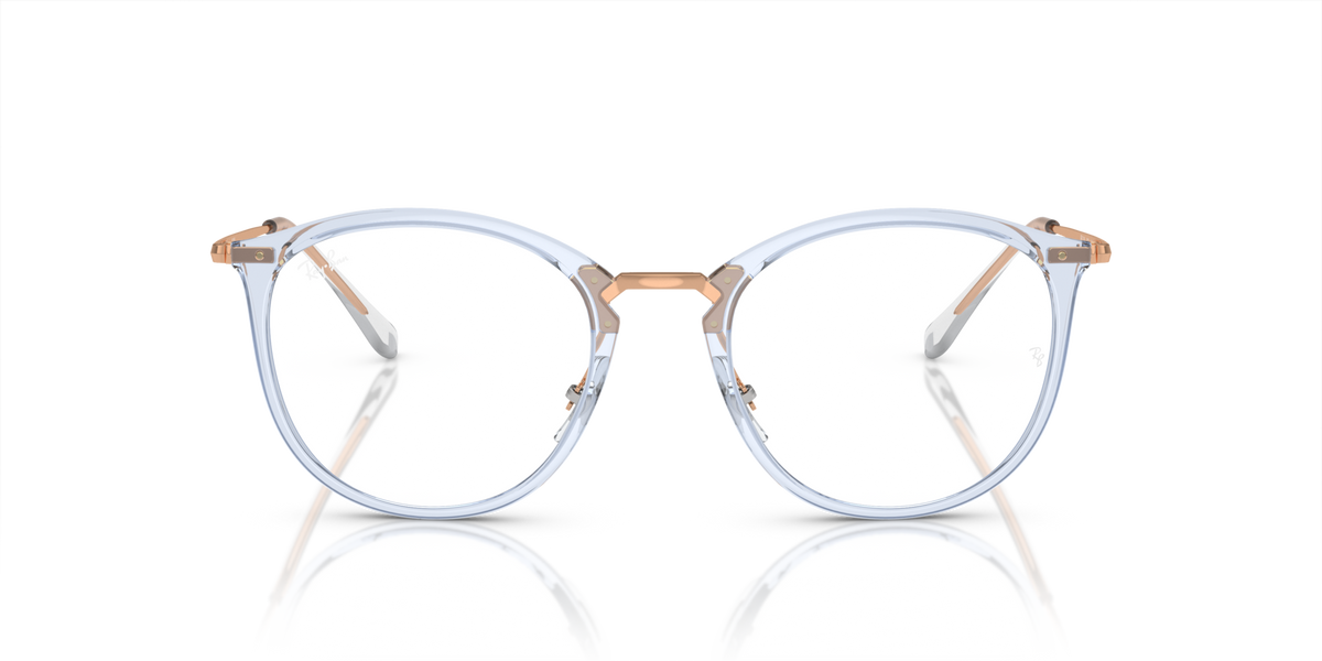 Ray-Ban RX7140 prescription frames, transparent light blue round eyeglass frames, front view