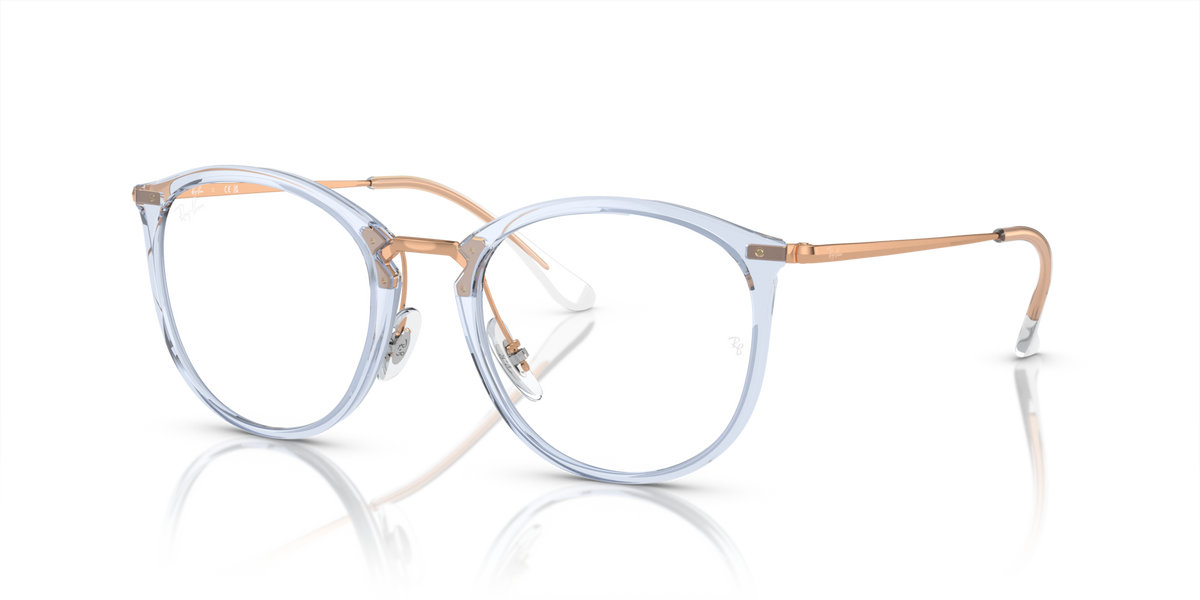 Ray-Ban RX7140 prescription frames, transparent light blue with round lenses and tan accents