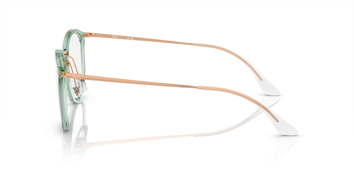 Ray-Ban prescription eyewear frames, side view of round mint green frame with copper