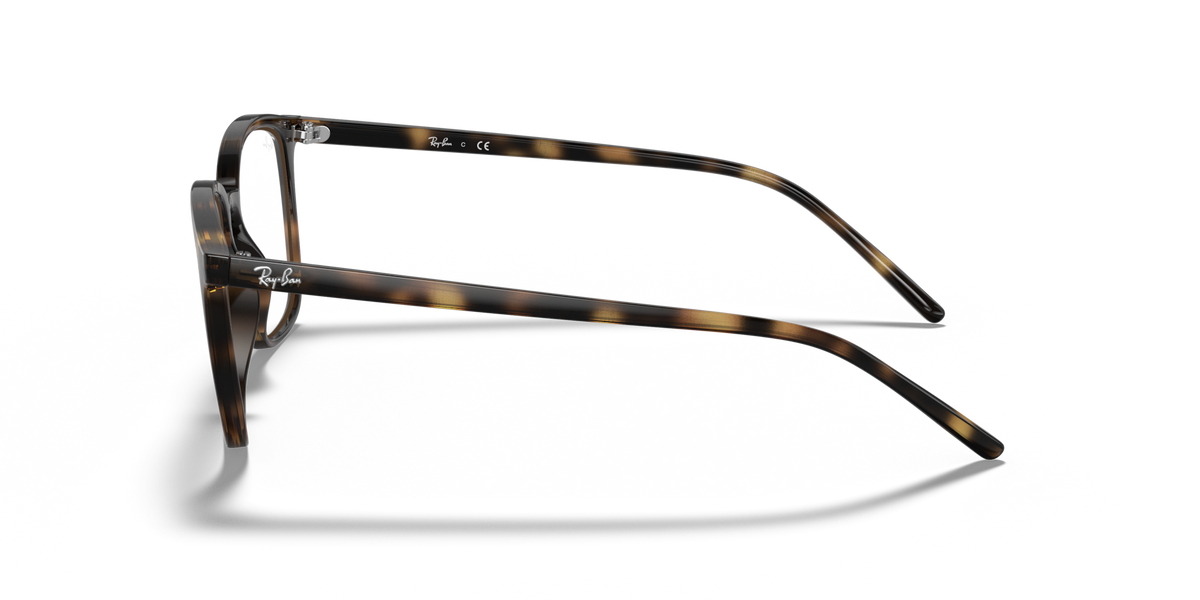 Ray-Ban RX7185 prescription eyewear frames, side view of brown tortoise hinges