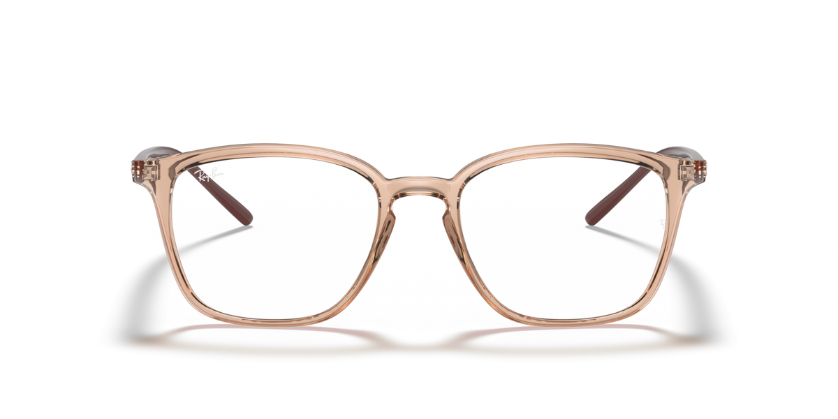 Prescription eyewear frames, light brown translucent front view with square lenses