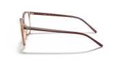 Prescription eyewear frames, light brown translucent side profile with curved temple