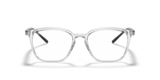 Prescription eyewear frames, clear dark gray translucent front view with square lenses