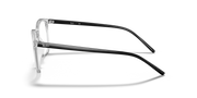 Prescription eyewear frames, clear dark gray translucent side profile with curved temple