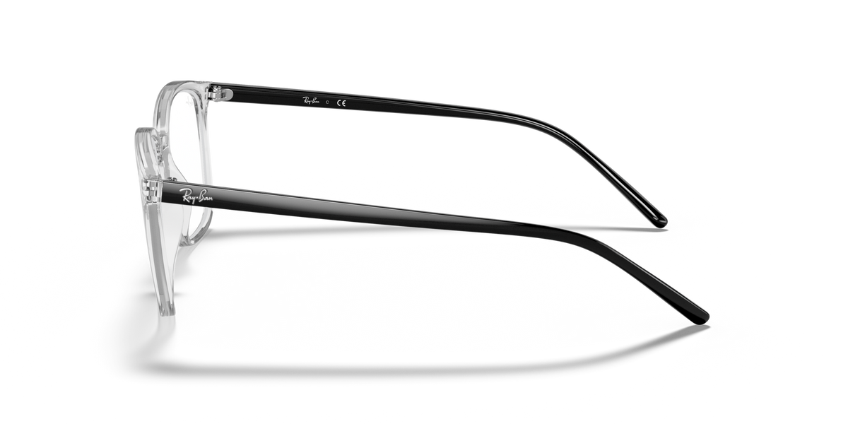 Prescription eyewear frames, clear dark gray translucent side profile with curved temple
