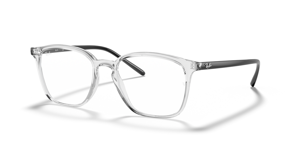 Prescription eyewear frames, clear dark gray translucent front view with rectangular lenses