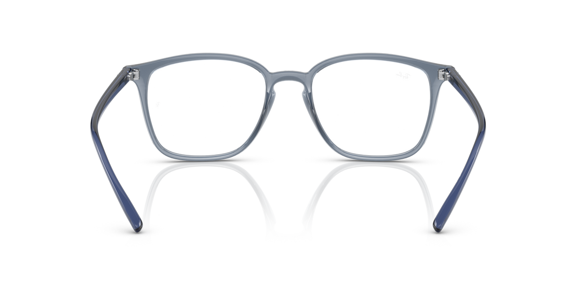 Blue transparent square prescription eyewear frames front view with clear lenses