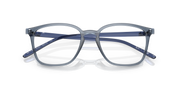 Blue transparent prescription eyewear frames front view, clear lenses, metal detailing
