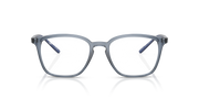 Blue transparent square prescription eyewear frames with clear lenses and curved temples