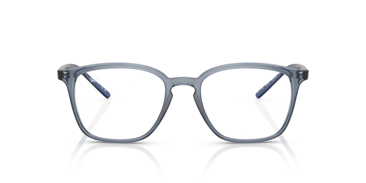 Blue transparent square prescription eyewear frames with clear lenses and curved temples