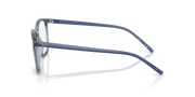 Blue transparent prescription eyewear frames side view with slim metal temple arms