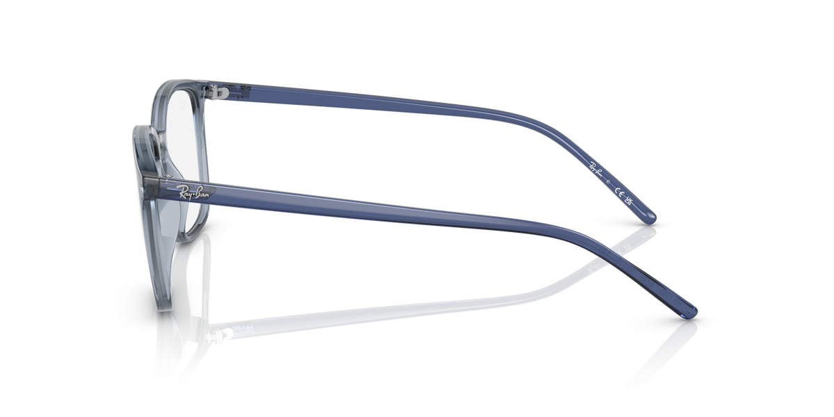 Blue transparent prescription eyewear frames side view with slim metal temple arms
