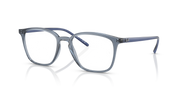 Blue transparent square prescription eyewear frames, clear lenses, metal temple arms