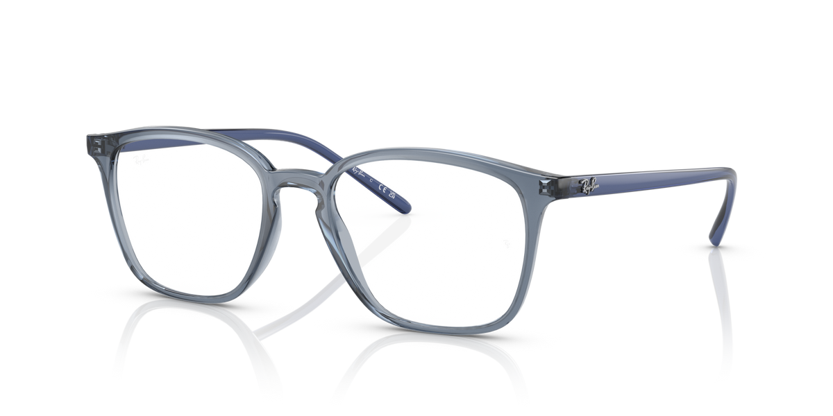 Blue transparent square prescription eyewear frames, clear lenses, metal temple arms