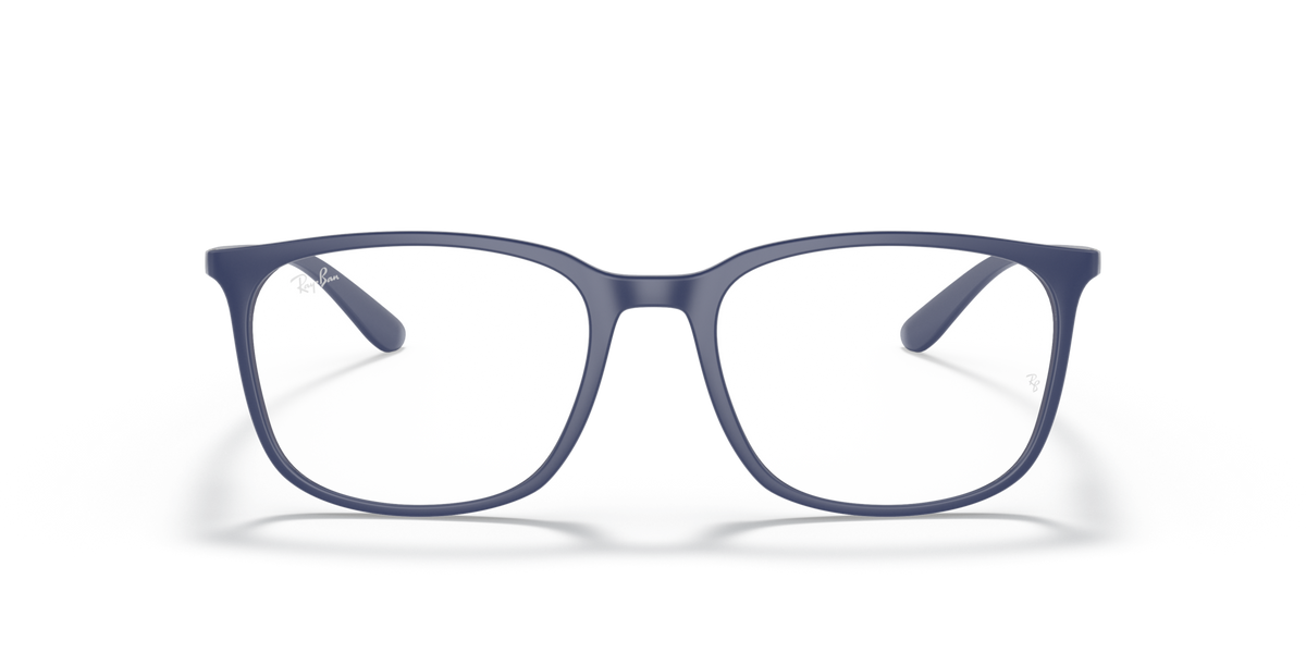 Ray-Ban prescription eyewear frames, blue rounded-rectangular full-rim with clear lenses