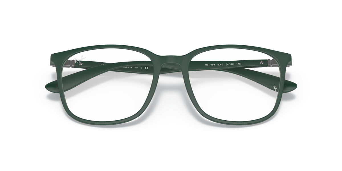 Ray-Ban RX7199 eyeglass frames, greenish-gray, close front view with full-rim lenses