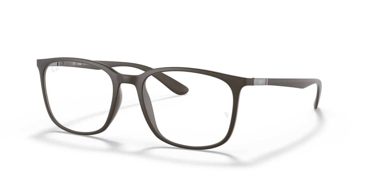 Rectangular full-rim prescription eyeglass frames, dark gray with metal hinges