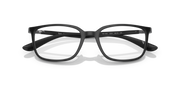 Matte black prescription eyeglass frames with lens inserts, front view and curved temples
