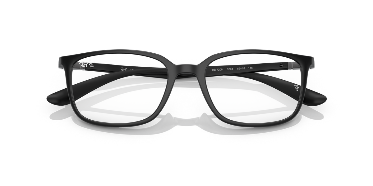 Matte black prescription eyeglass frames with lens inserts, front view and curved temples