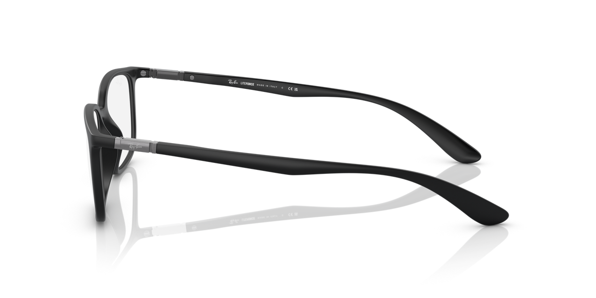 Matte black prescription eyeglass frames shown in profile with extended side arms