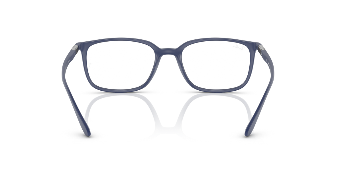 Matte blue prescription eyeglass frames, front view with angled temple supports