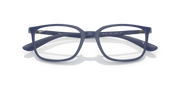 Matte blue prescription eyeglass frames with lens inserts, front view and curved temples