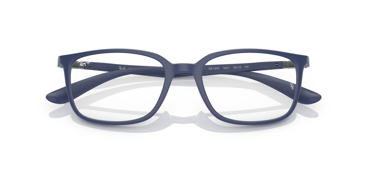 Matte blue prescription eyeglass frames with lens inserts, front view and curved temples