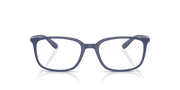 Matte blue rectangular prescription eyeglass frames with curved temples and nose bridge