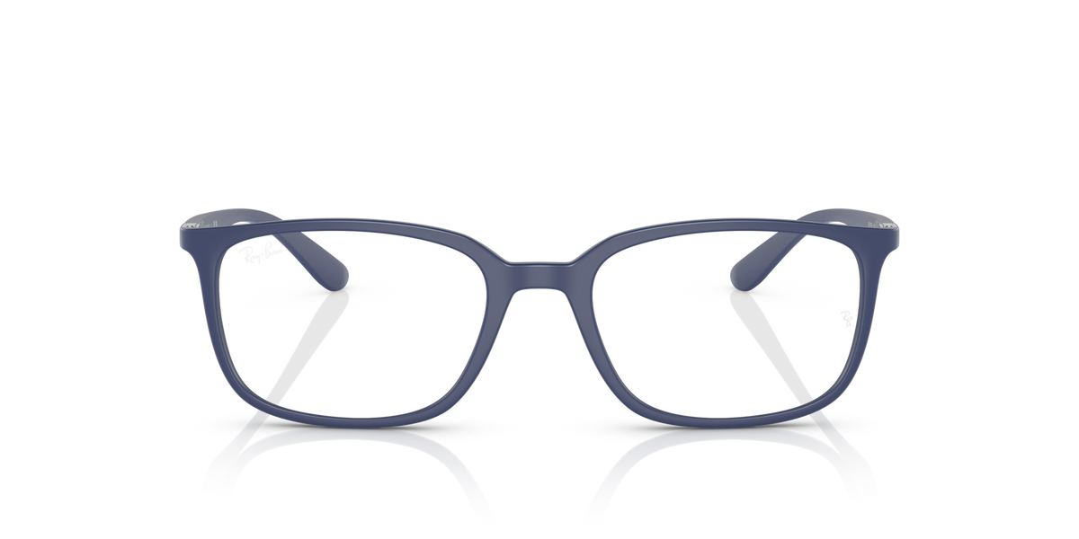 Matte blue rectangular prescription eyeglass frames with curved temples and nose bridge