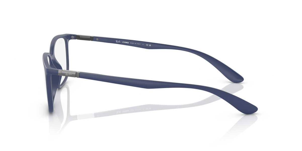 Matte blue prescription eyeglass frames shown in profile with extended side arms