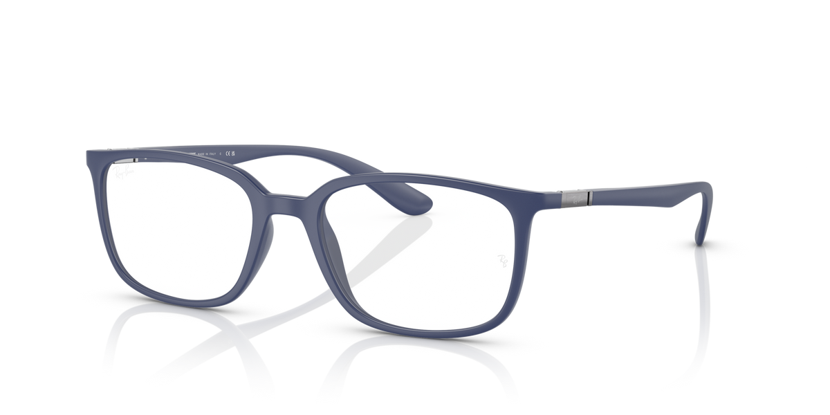 Matte blue rectangular prescription eyeglass frames with full-rim design and side arms