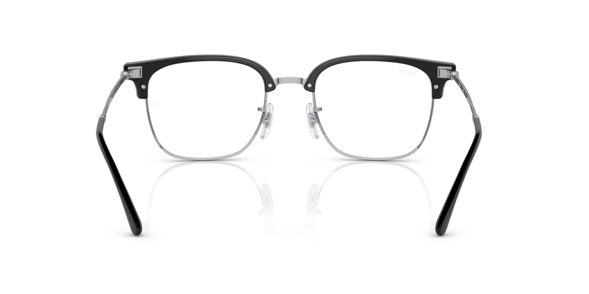 Black eyeglass frames with clear lenses, front view with temples visible
