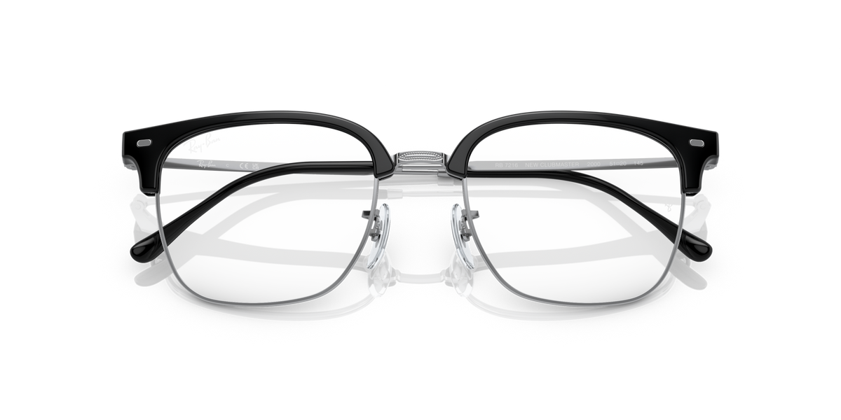 Black eyeglass frames with clear lenses, close-up front view