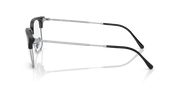 Black eyeglass frames with clear lenses, side profile view