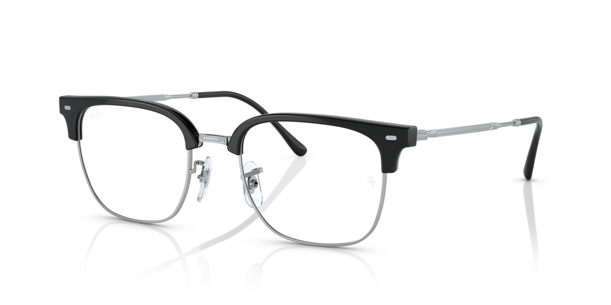 Black rectangular eyeglass frames with clear lenses, angled front view
