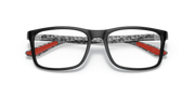Ray-Ban prescription eyewear frames, black with red inner temple details and rectangular lenses