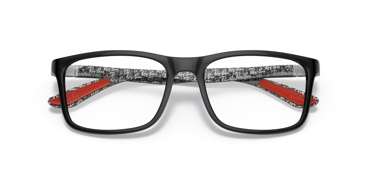 Ray-Ban prescription eyewear frames, black with red inner temple details and rectangular lenses