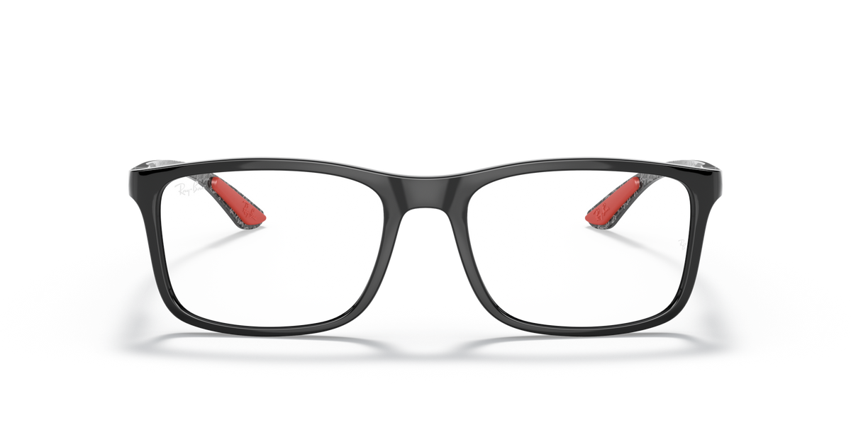 Ray-Ban prescription eyewear frames, black rectangular frames with red temple tips