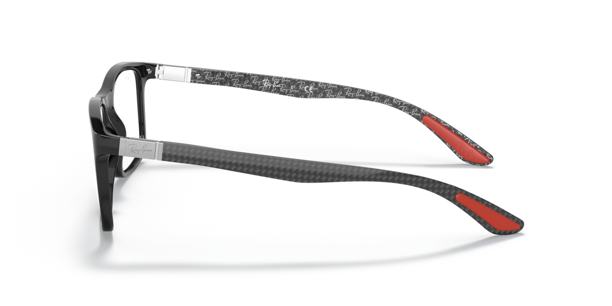 Ray-Ban prescription eyewear frames, black side profile with red-accented temple arms