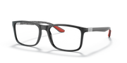 Ray-Ban prescription eyewear frames, matte black full-rim with red temple accents