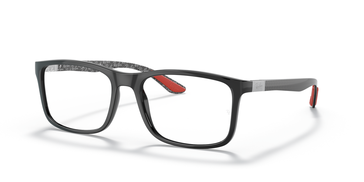 Ray-Ban prescription eyewear frames, matte black full-rim with red temple accents