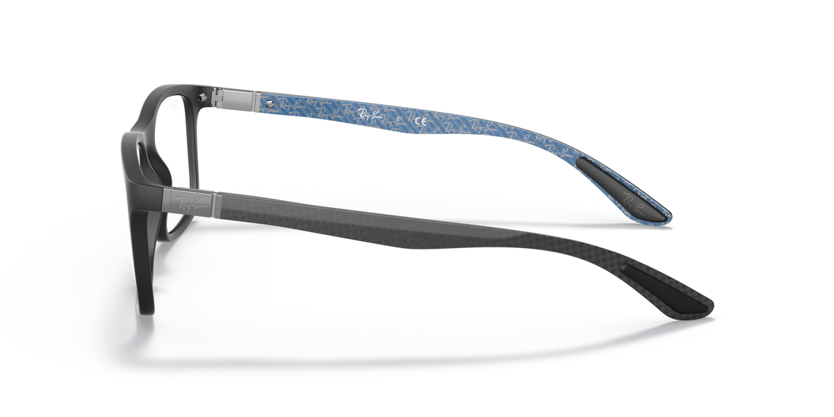 Ray-Ban RX8908 prescription eyewear frames, side profile, matte black with blue temple detail