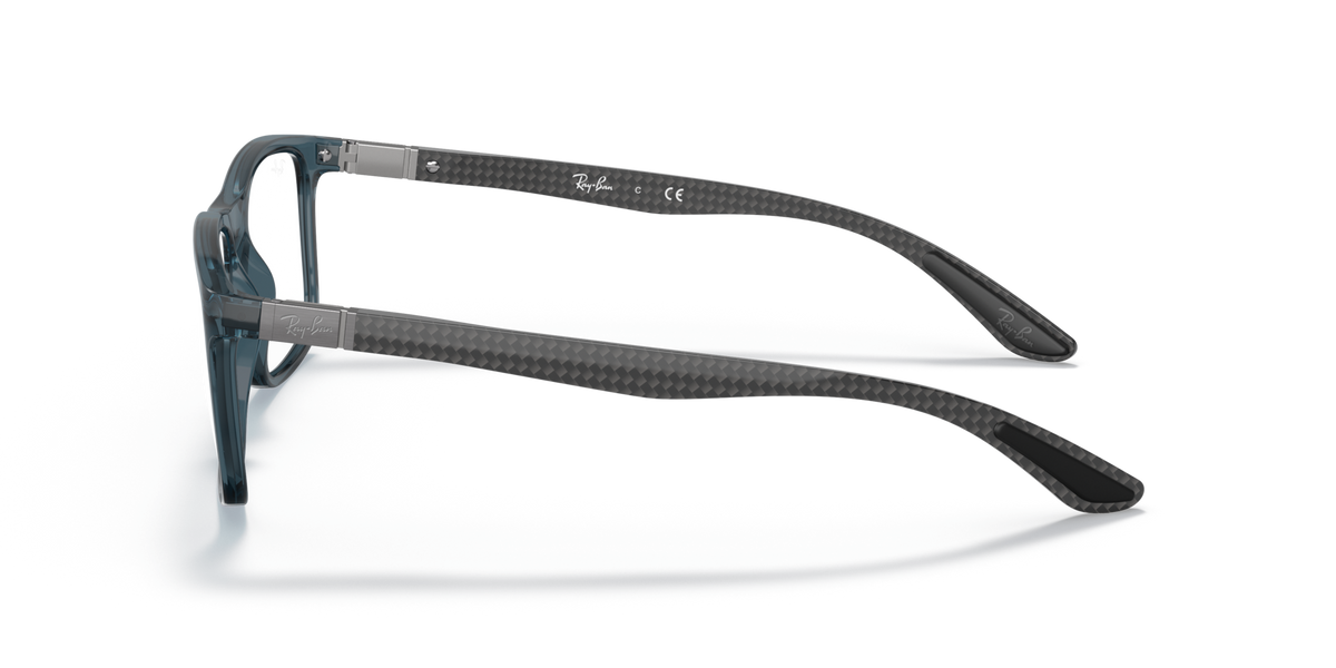 Ray-Ban prescription eyewear frames, blue translucent side profile with curved temple arms