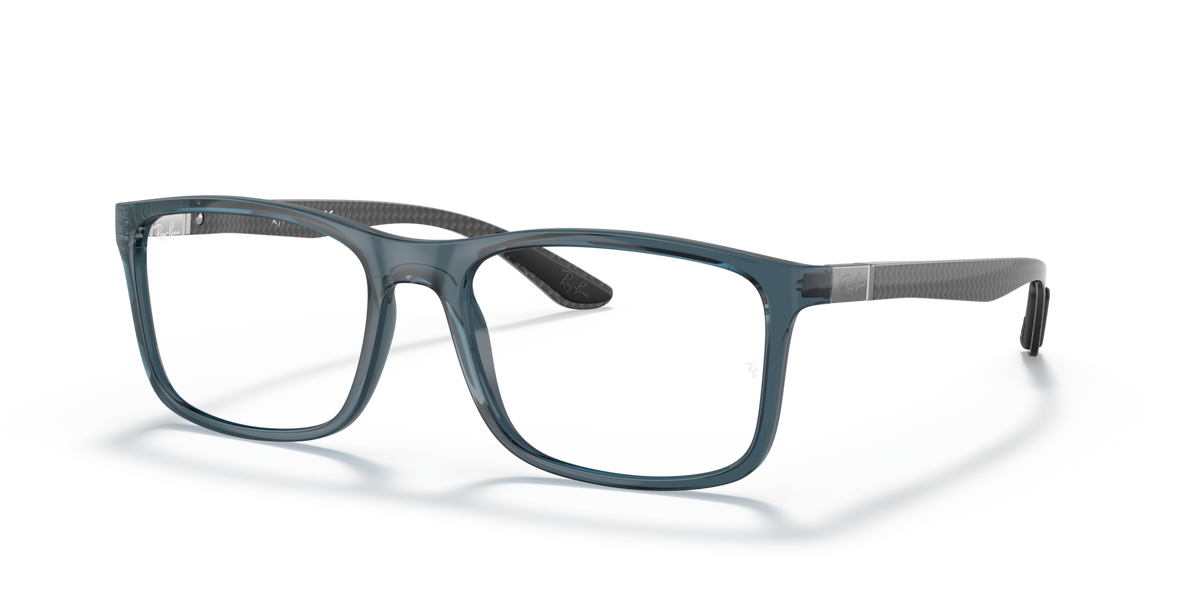 Ray-Ban prescription eyewear frames, blue translucent full-rim with rectangular lenses