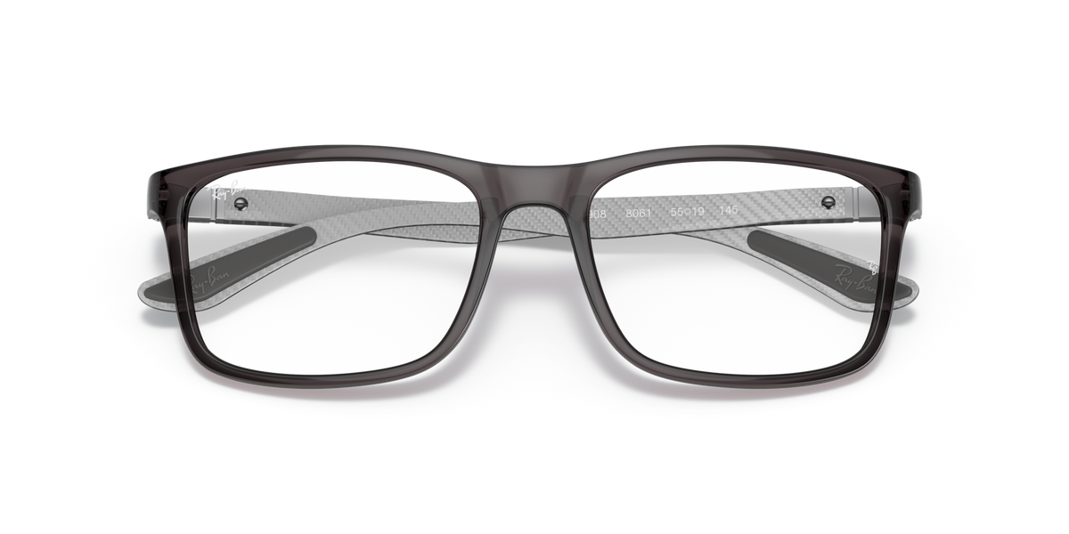 Ray-Ban RX8908 prescription eyewear frames, gray frame with blue patterned temple insets
