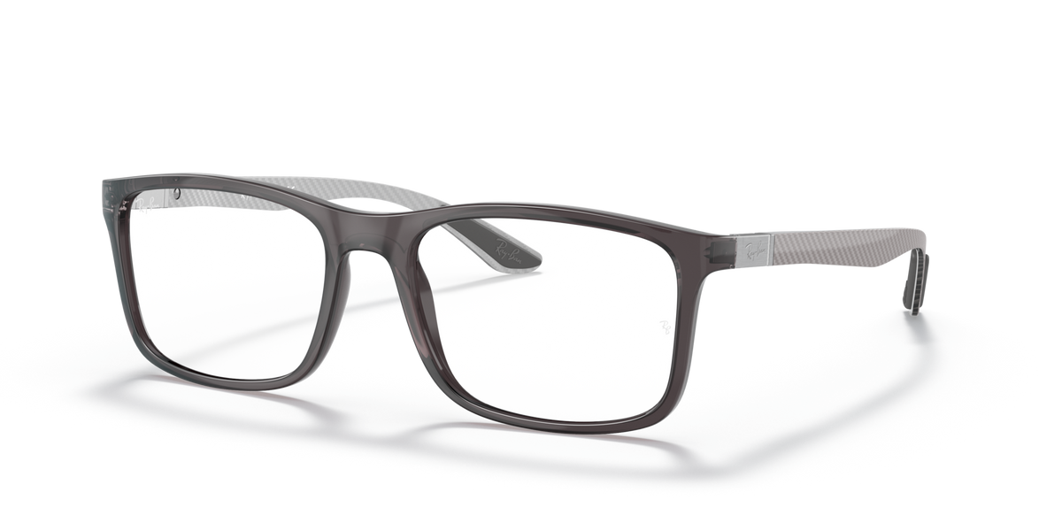 Ray-Ban RX8908 prescription eyewear frames, gray-toned front, blue temple detailing, rectangular